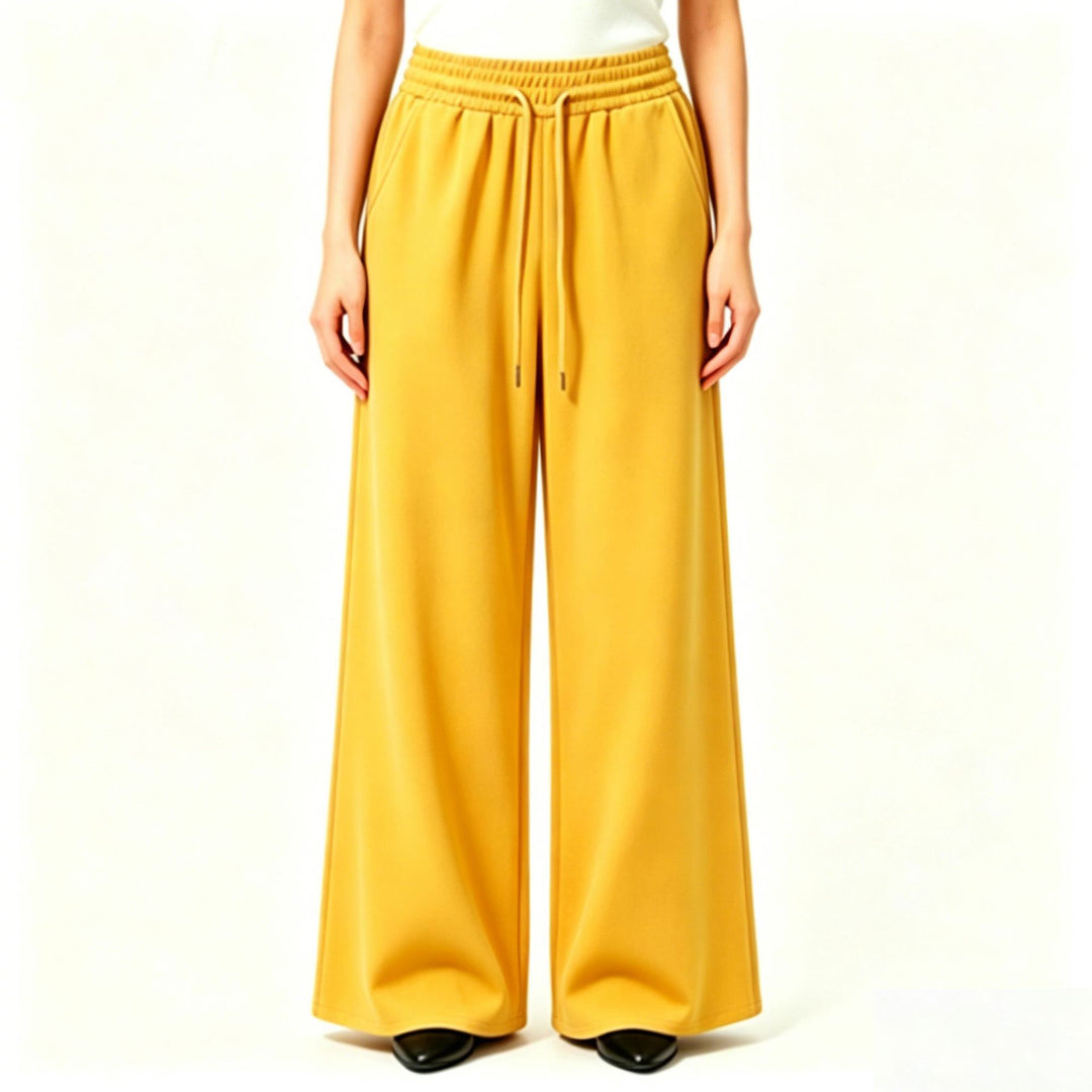 Damen weite High-Waist Loungehose mit elastischem Bund, Kordelzug und fließendem Jersey – Avélisse