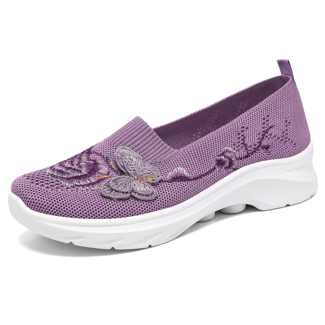 Damen nan gestrickte Slip-On Slipper mit Schmetterlings-Stickapplikation und dämpfender EVA-Plateausohle Echo Archiv