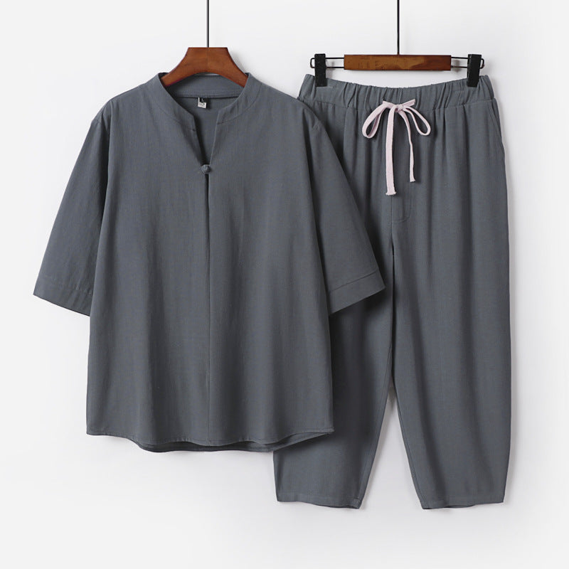 Damen Leichtes Leinen-Baumwoll-Loungewear-Set mit Stehkragen, Dreiviertelärmeln und Gummizugbundhose Echoarchiv