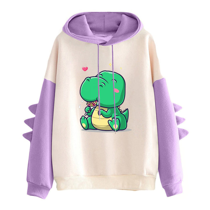 Damen Kapuzenpullover mit niedlichem Dinosaurierprint, kuscheligem Innenfutter und dreidimensionalen Ärmeldetails – Auréline