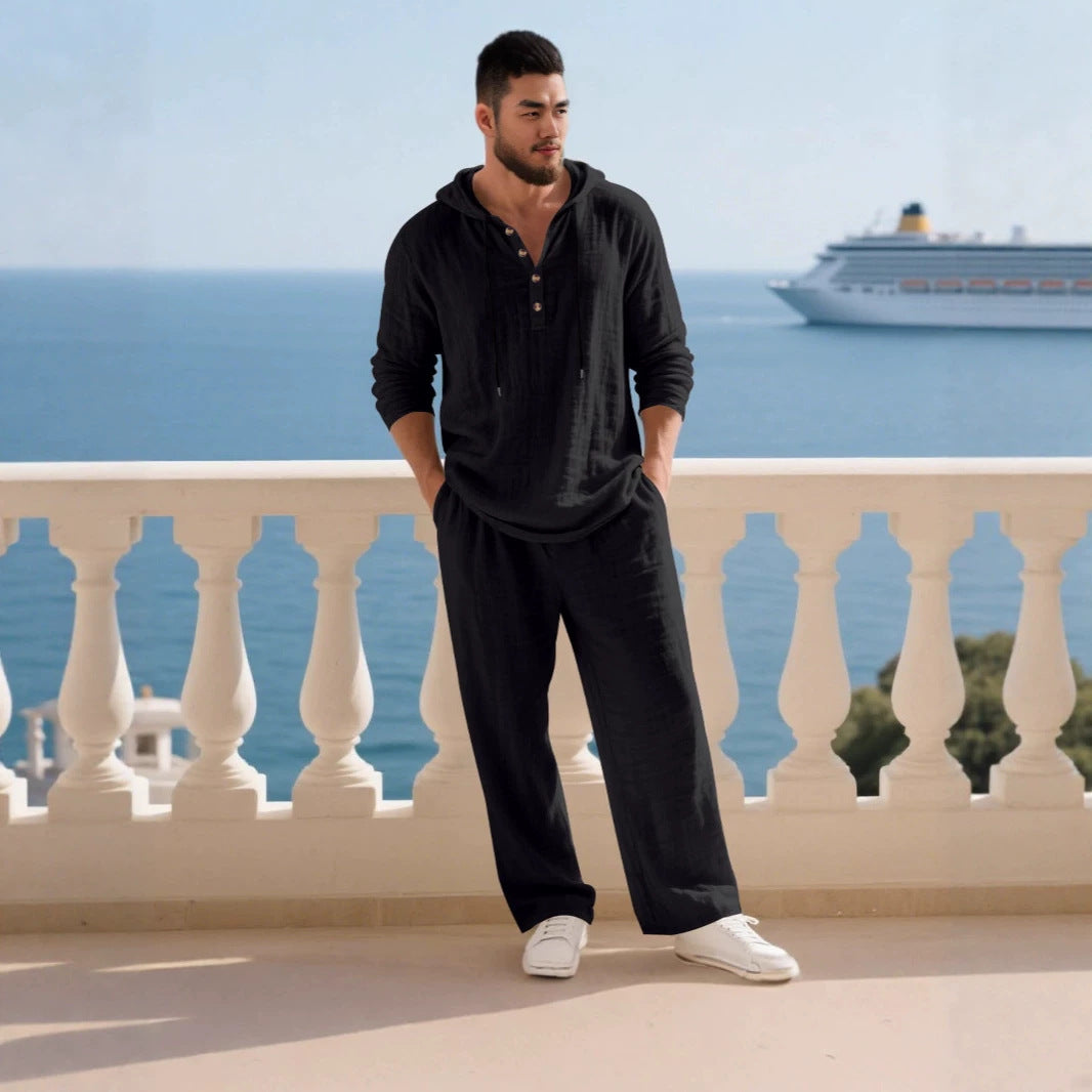Herren nan lässiges Leinenzweiteiler-Set mit Kapuzenhemd im Henley-Stil und weiten Freizeit-Hosen Echo Archiv