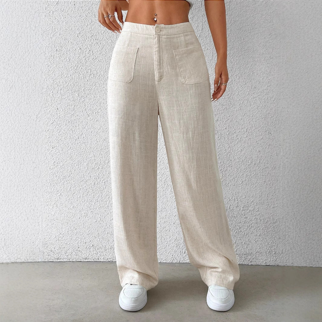 Damen Hochtaillierte Leinenlook Palazzo-Hose mit aufgesetzten Taschen – Avérine