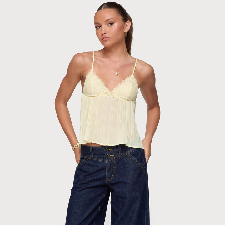 Damen Chiffon Top mit Spitzenakzenten und plissiertem Design Echo Archiv