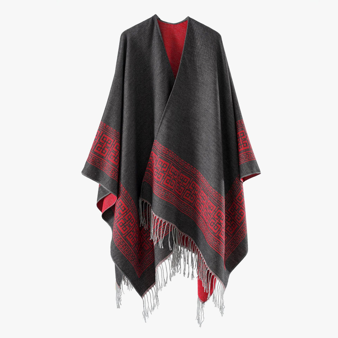 Damen Reversibler Wollmix‑Überwurf im Kimono‑Fall mit ornamentaler Bordüre und Zierfransen – Célinea