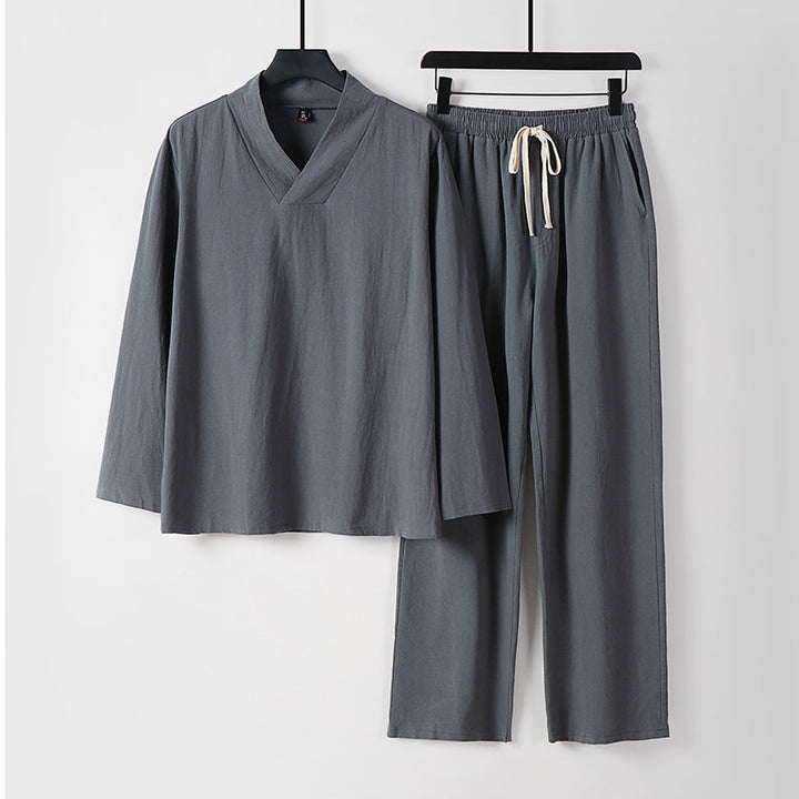Unisex Zen-inspiriertes Leichtes Loungewear-Set mit V-Ausschnitt-Shirt und Elastischer Kordelbund-Hose Echoarchiv