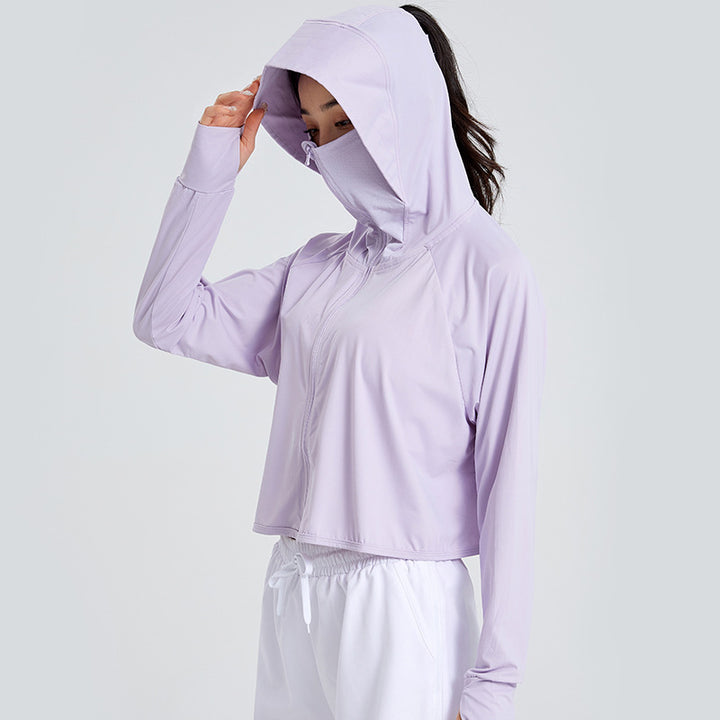Damen Leichte Sportliche UV-Schutz-Kapuzenjacke mit kurzem Cropped‑Schnitt, Raglanärmeln & Daumenlöchern Echoarchiv