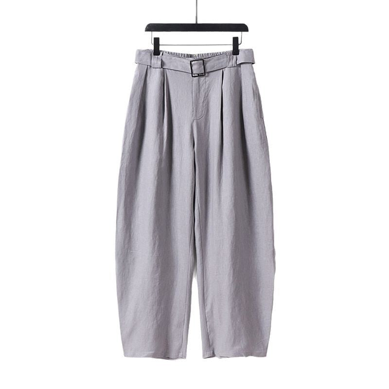 Damen Hochgeschnittene weite Leinenmix-Hose mit Bundfalten und Stoffgürtel Echoarchiv
