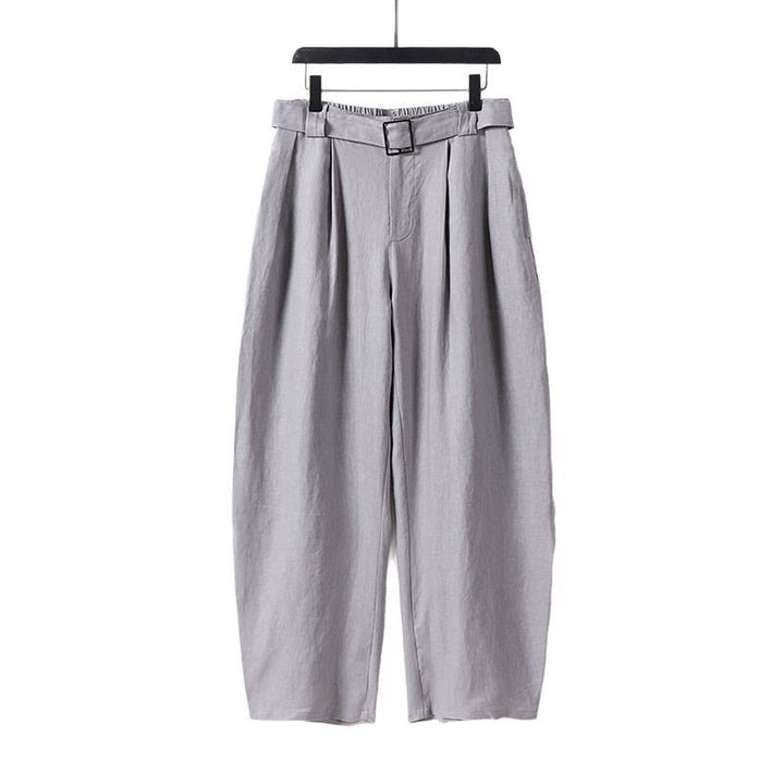 Damen Hochgeschnittene weite Leinenmix-Hose mit Bundfalten und Stoffgürtel Echoarchiv