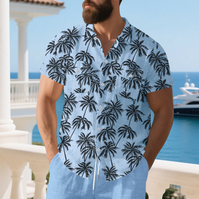 Herren lässiges Kurzarm-Hemd im tropischen Palmen-Design mit Taschen Echoarchiv