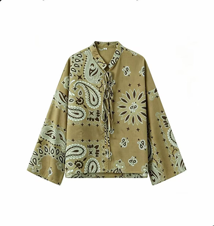 Damen Zweiteiliges Satinoptik-Lounge-Set mit Paisley-Print, Kimonokragen-Bluse und weiter Culotte-Hose Echo Archiv