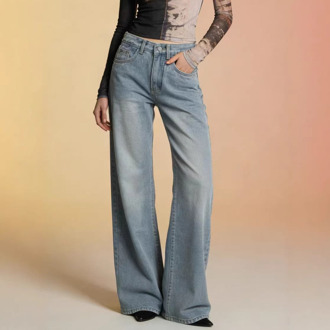 Damen weite Denim-Hose mit Vintage-Waschung und hoch geschnittenem Bund Echo Archiv