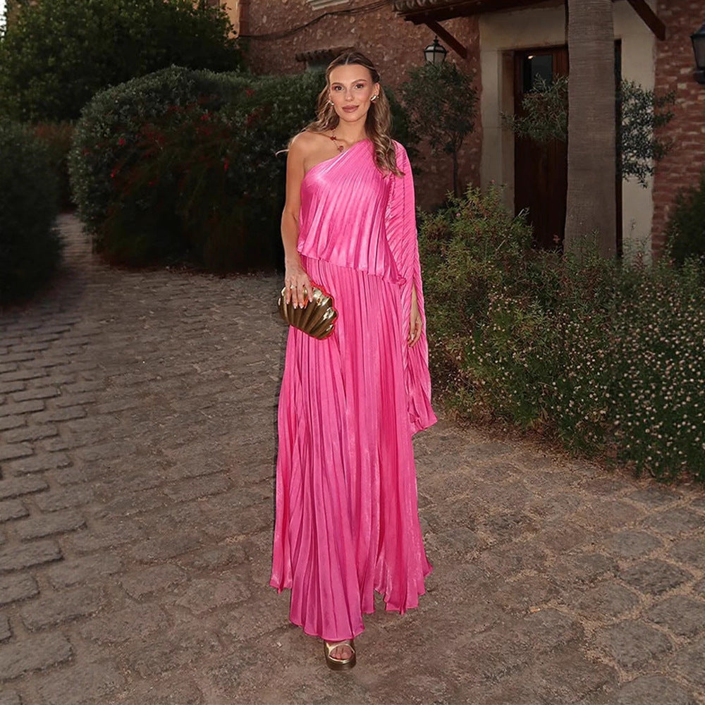 Damen Ein-Schulter Plissee-Maxikleid mit drapiertem Oberteil und weitem Volantrock Echoarchiv
