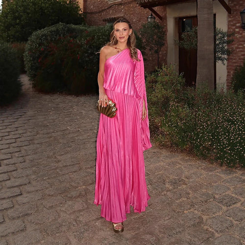 Damen Ein-Schulter Plissee-Maxikleid mit drapiertem Oberteil und weitem Volantrock Echoarchiv