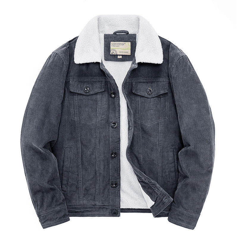 Herren Kord-Workerjacke mit durchgehendem Teddyfutter, Hemdkragen und Brusttasche Echoarchiv
