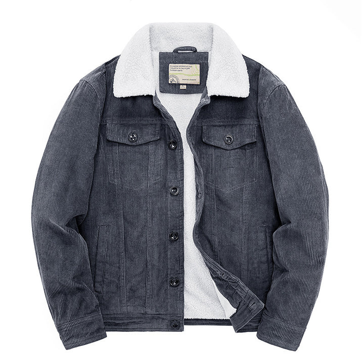 Herren Kord-Workerjacke mit durchgehendem Teddyfutter, Hemdkragen und Brusttasche Echoarchiv