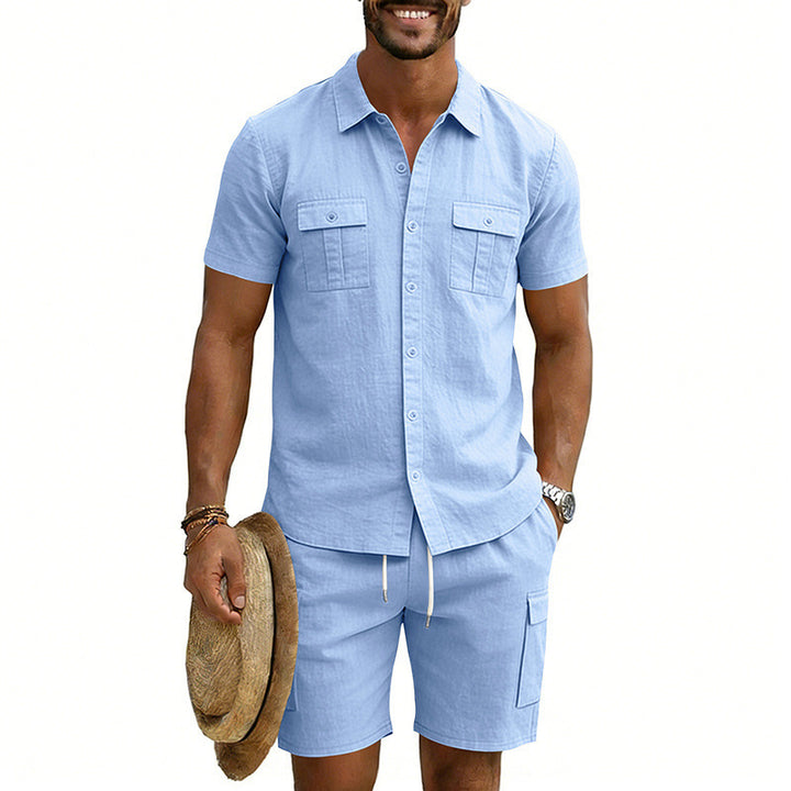 Herren nan sommerliches Freizeitset aus Baumwoll-Leinenmix mit Kurzarm-Hemd und Cargo-Shorts Echo Archiv