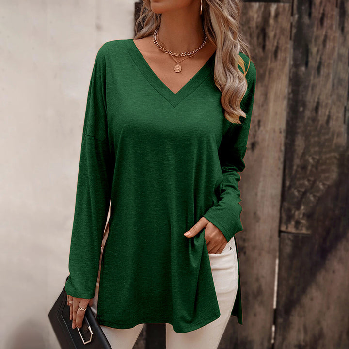 Damen lässige V-Neck Longsleeve-Tunika mit Seitenschlitzen und relaxed Fit – Avérine