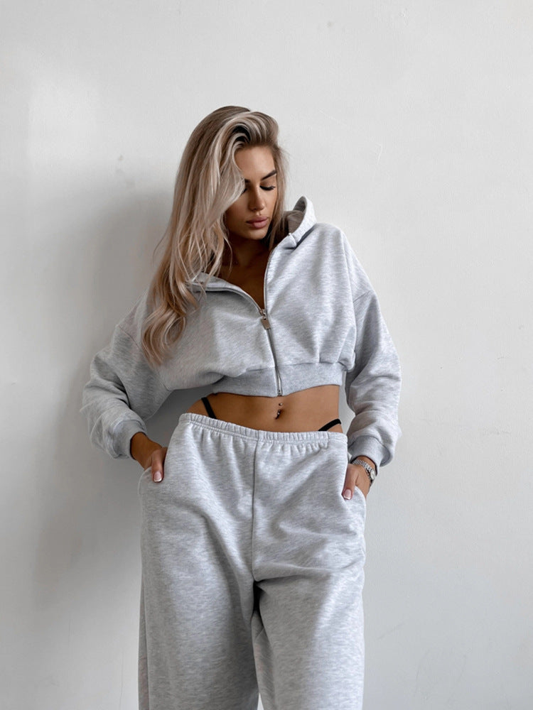 Damen Zweiteiliges Cropped-Zip-Hoodie Set mit taillenhoher Relax-Jogginghose und elastischem Bund – Auréline