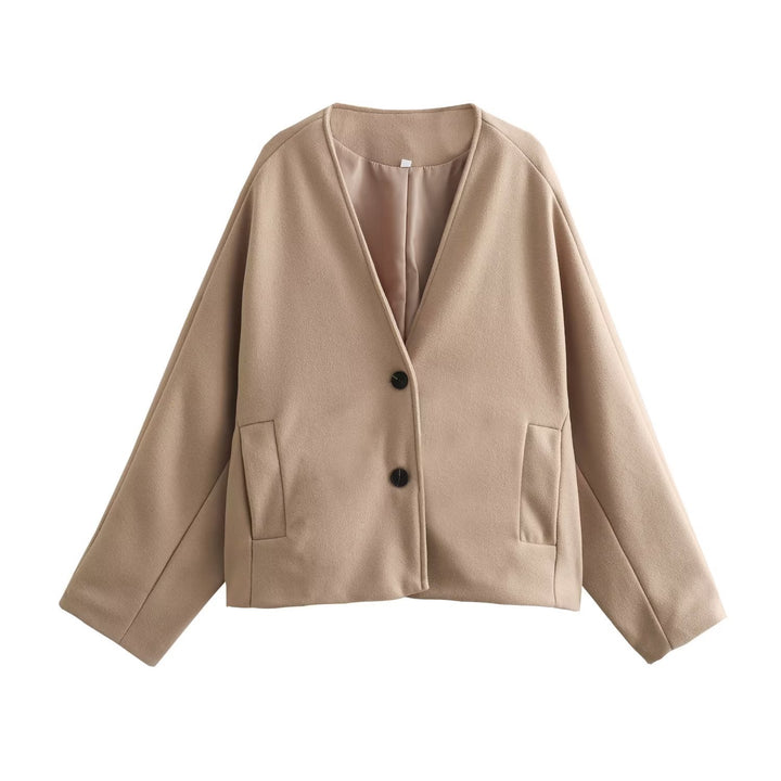 Damen Kurzjacke im Boxy‑Cut mit V‑Ausschnitt und Wollmix Echo Archiv