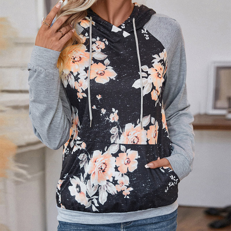 Damen Casual-Kapuzenpullover mit floralem Vintage-Print, Raglanärmeln und Kängurutasche Echoarchiv