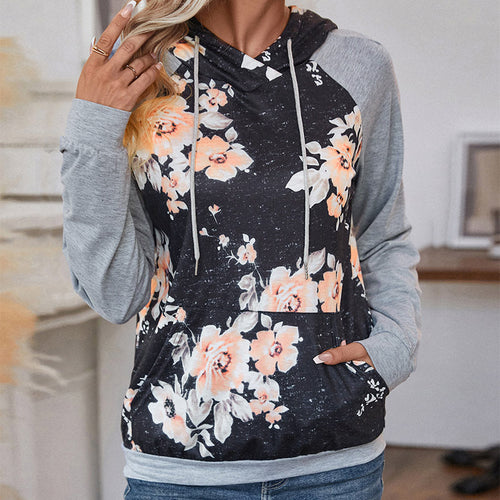 Damen Casual-Kapuzenpullover mit floralem Vintage-Print, Raglanärmeln und Kängurutasche Echoarchiv
