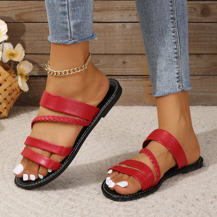 Damen nan flache Mehrfachriemen-Sandalette mit geflochtenem Zierriemen und gesteppter Sohlennaht Echo Archiv