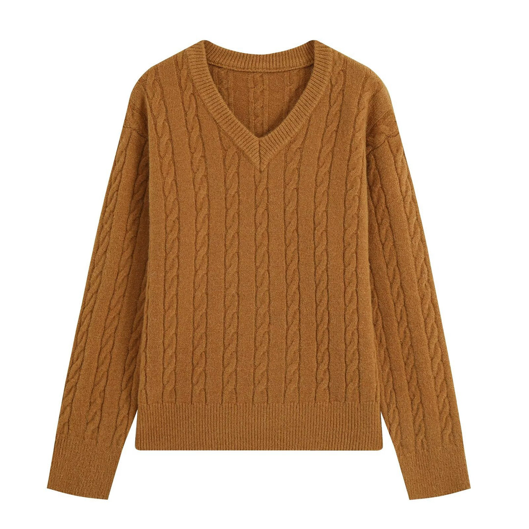 Damen Oversize Zopfmuster-Pullover mit V-Ausschnitt und breitem Rippbündchen Echoarchiv