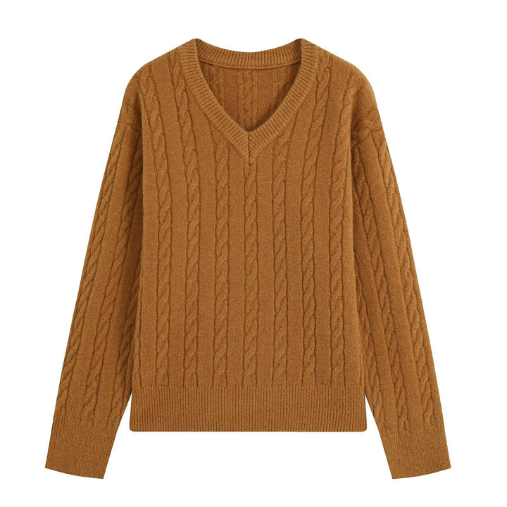 Damen Oversize Zopfmuster-Pullover mit V-Ausschnitt und breitem Rippbündchen Echoarchiv