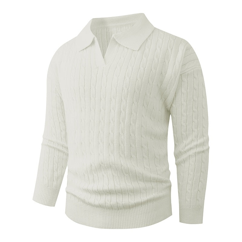 Herren Kabelstrick-Polo-Pullover mit V-Ausschnitt und Zopfmuster Echo Archiv