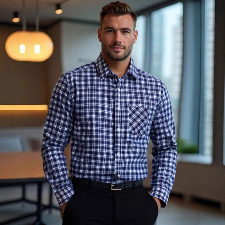 Herren kariertes Langarmhemd mit hochwertiger Baumwollmischung und praktischer Brusttasche Echoarchiv