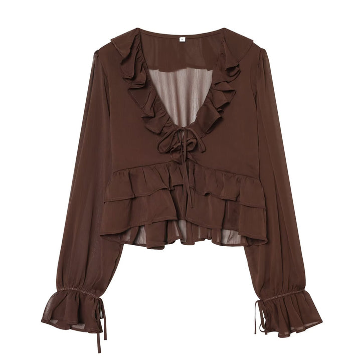 Damen Chiffon-Croppedbluse mit Rüschenvolant, Bindeband und Ballonärmeln Echo Archiv