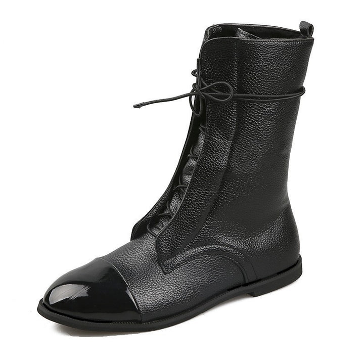 Damen Lederoptik-Schnürstiefelette mit glänzender Zehenkappe und niedrigem Blockabsatz Echo Archiv