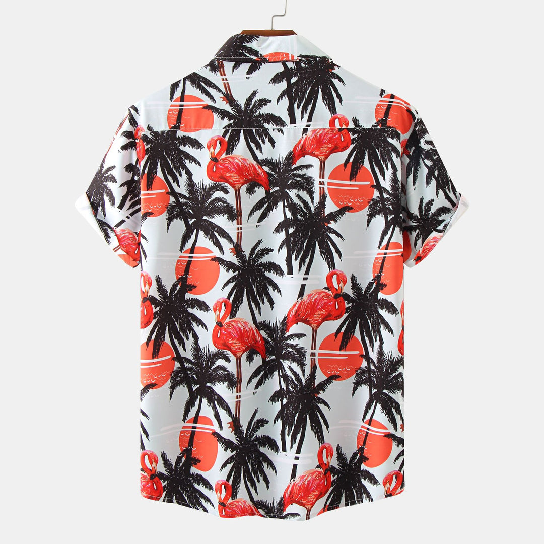 Herren Kurzarmhemd mit tropischem Flamingo-Print und leichtem Stoff Echoarchiv