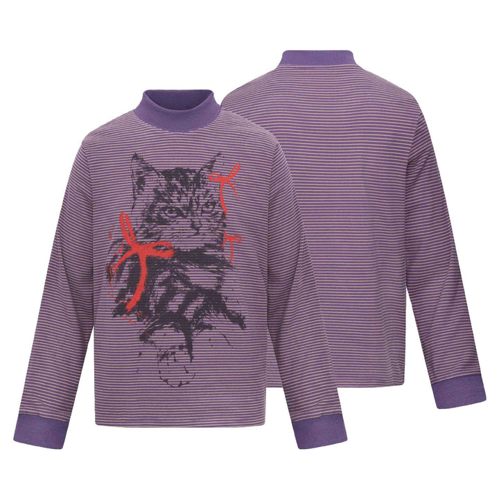 Unisex Gestreiftes Longsleeve mit Stehkragen, Oversize-Schnitt und Katzenprint Echoarchiv
