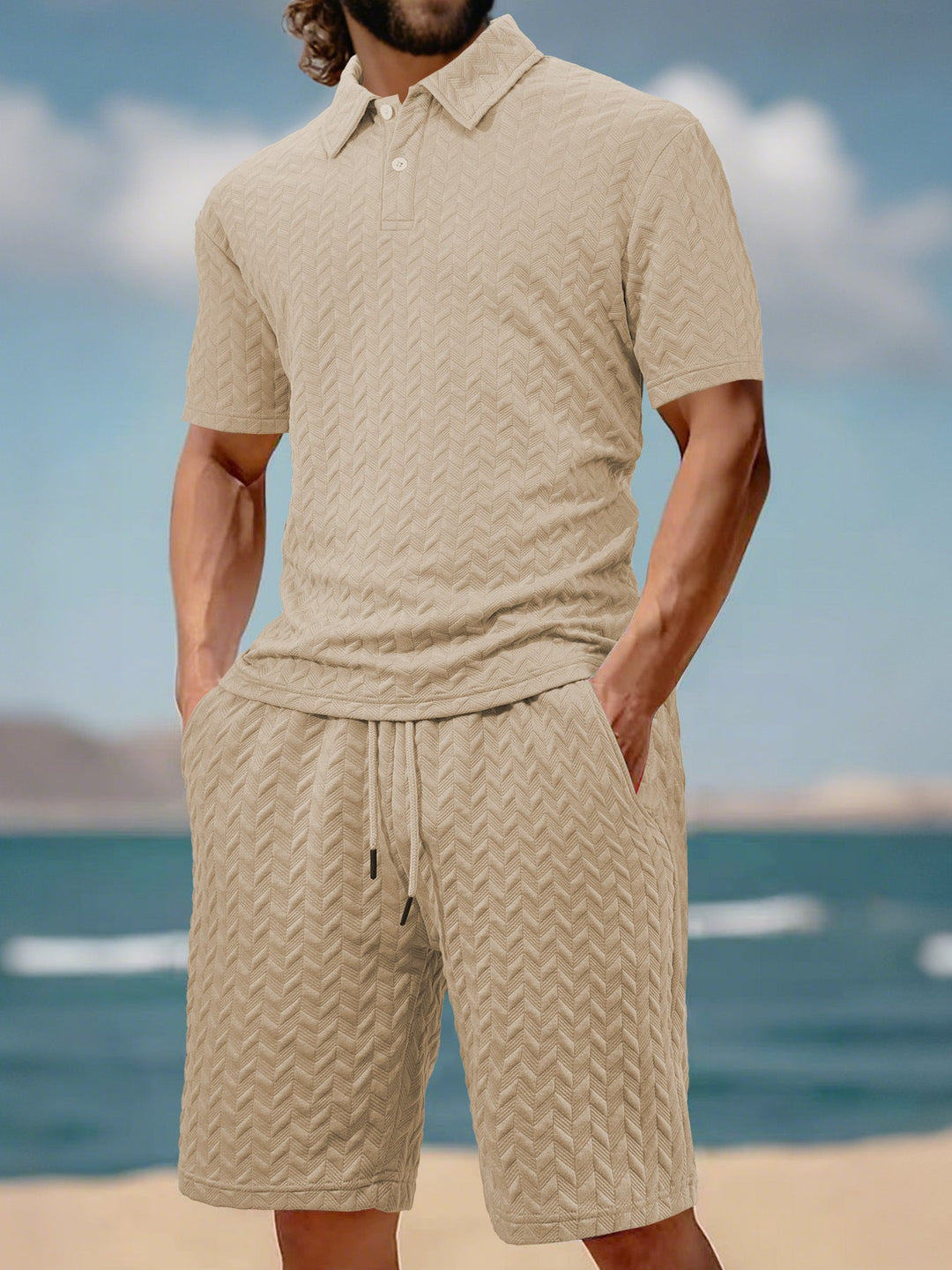 Herren nan geprägtes Strand-Ensemble mit offenem Kurzarm-Hemd und Kordel-Bermuda Echoarchiv