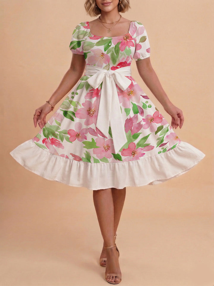 Damen A-Linien-Kleid mit floralen Motiven und taillierbarem Gürtel Echo Archiv