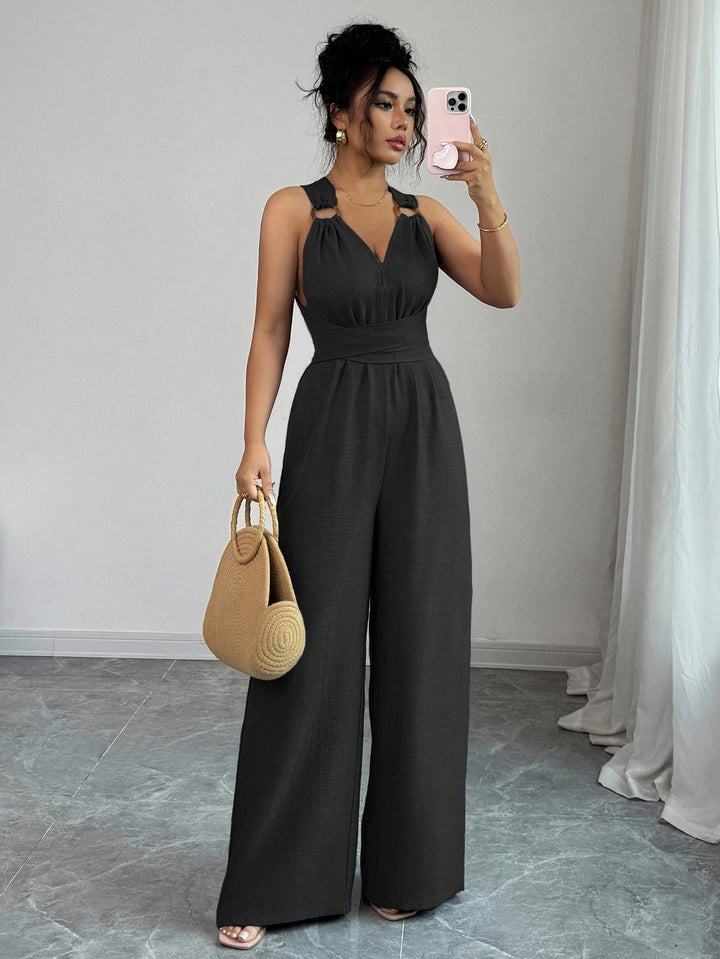 Damen Jumpsuit mit weitem Bein, tailliertem Wickelband und Ösen-Trägern Echo Archiv