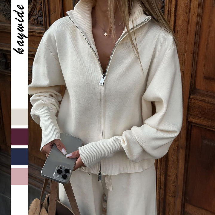 Damen Strick-Loungewear-Set mit halbhohem Kragen, Reißverschluss und weitem Highwaist-Hose – Mavelle