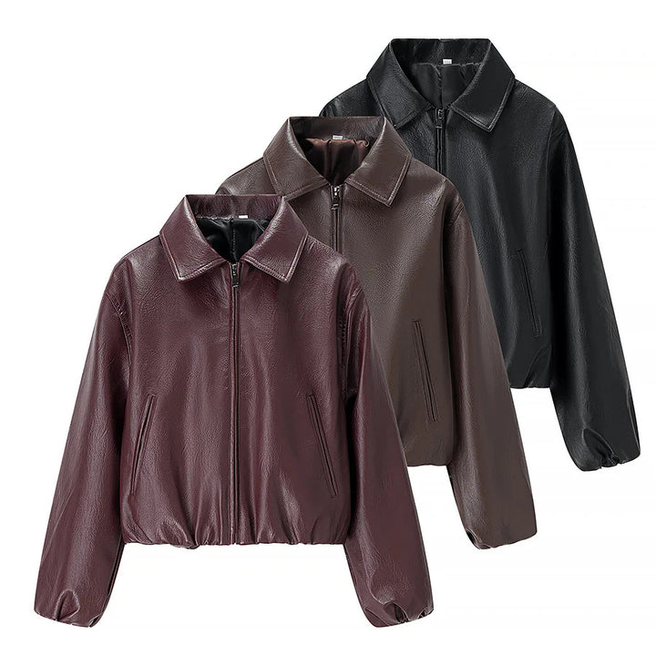 Damen cropped Glanz-Kunstlederjacke im Bomberstil mit Hemdkragen und elastischem Saum – Avenza