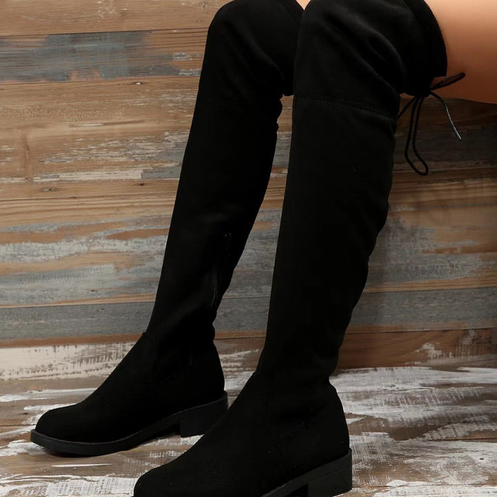 Damen Overknee‑Stiefel aus Veloursimitat mit elastischem Schaft und niedrigem Blockabsatz Echo Archiv