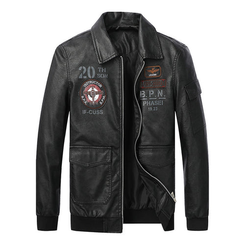Herren Kunstleder-Pilotenblouson im Aviator-Stil mit Emblem-Patches und verdecktem Zweiwege-Reißverschluss Echoarchiv