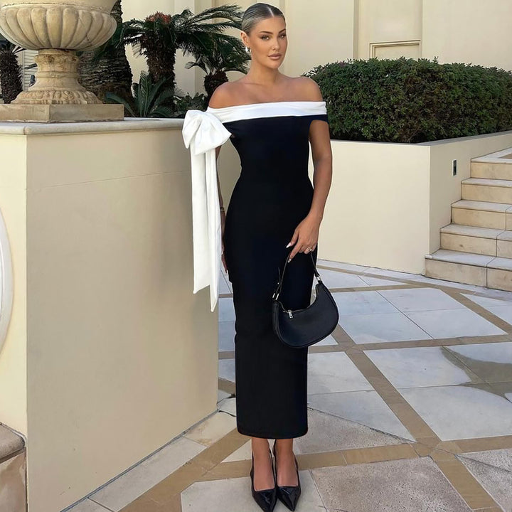 Damen Elegantes schulterfreies Maxikleid mit Schleifendetail Echo Archiv