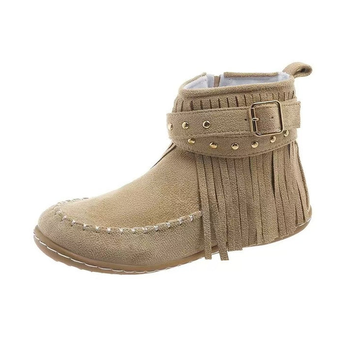 Damen nan Fransen-Mokassin-Stiefelette mit Ziergurt, Schnalle und weicher Gummisohle Echo Archiv