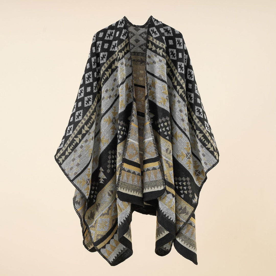 Damen Grobgewebter Ethno-Poncho mit Fransen – Avérine