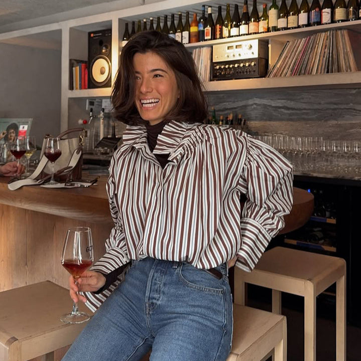 Damen Gestreifte Oversized-Bluse mit Rüschkragen & voluminösen Puffärmeln Echoarchiv