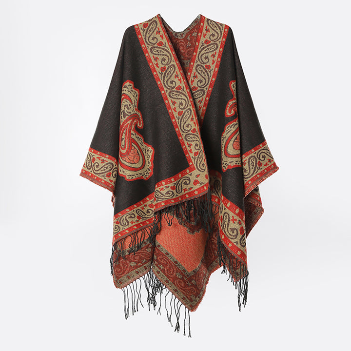 Damen Weicher Paisley-Jacquard Ruana-Überwurf mit V‑Ausschnitt und Fransen – Avérine