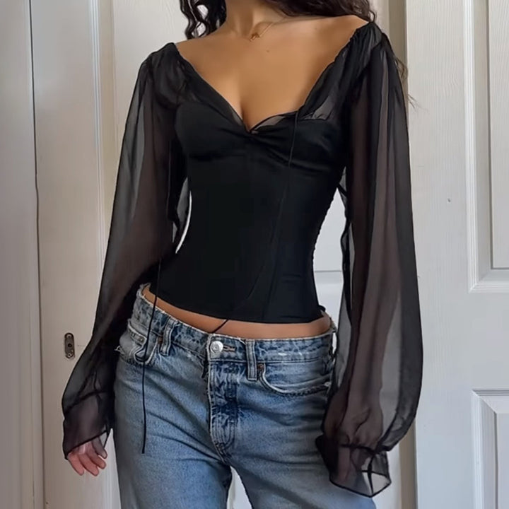 Damen elegantes Oberteil mit transparenten Ärmeln und schmaler Silhouette Echo Archiv