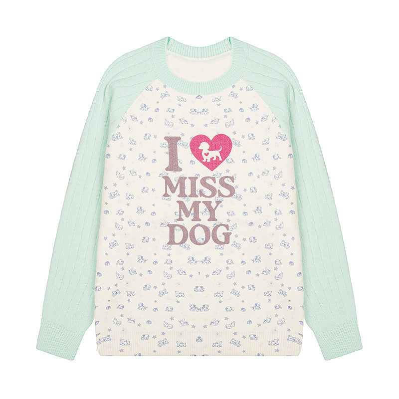 Damen Strickpullover mit Raglanärmeln, Allover-Hundemotiv und Statement-Print Echoarchiv