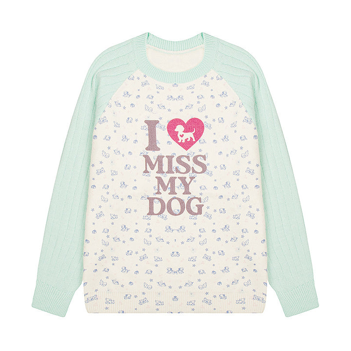 Damen Strickpullover mit Raglanärmeln, Allover-Hundemotiv und Statement-Print Echoarchiv