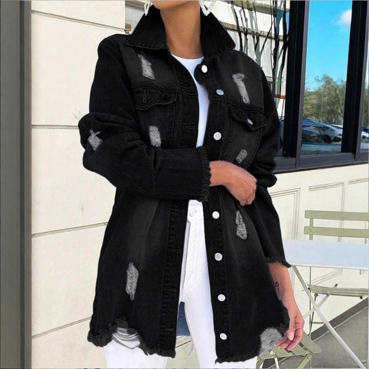 Damen Longline-Denimjacke mit Destroyed-Details und Fransenabschluss Echo Archiv